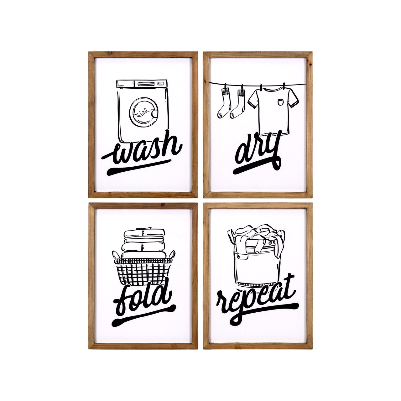 Contemporary Home Living Set of 4 White Wash Dry Fold and Repeat High Gloss Laundry Wall Art 15.75"